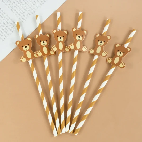 Pailles en papier ours en peluche pour enfants, ours mignon, marron, rose, poulet, paille à boire, anniversaire, fête préChristophe, fournitures de décoration, 20 pièces - Image 4