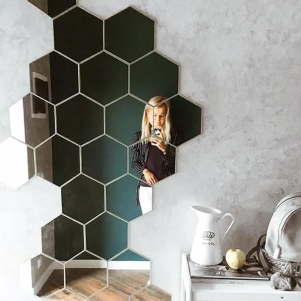 6/12 pièces 3D hexagone miroir autocollant mural or Rose bricolage TV fond salon autocollants décoration murale chambre salle de bain décor à la maison