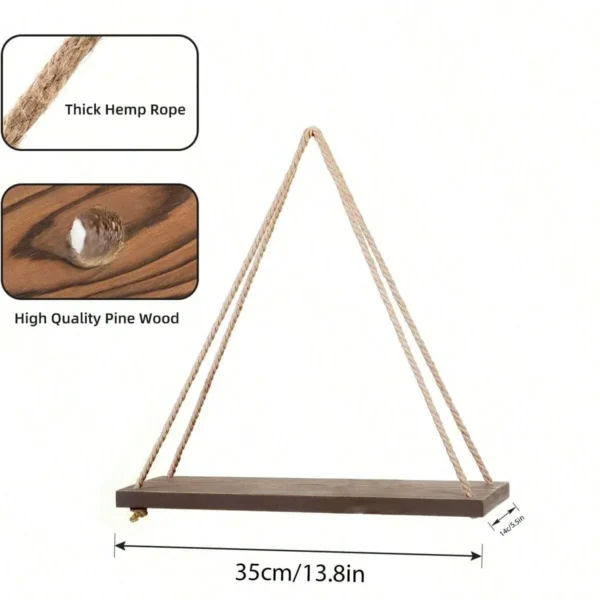 Balançoire en bois suspendue en corde de chanvre, 1 pièce, étagère murale flottante montée pour la maison, salon, plantes, Pot de fleur, plateau de rangement, décoration de jardin - Image 5
