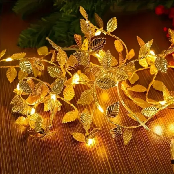 Guirlande lumineuse LED en fil de cuivre, feuille dorée, couronne de fleurs en rotin, décoration de scène de vacances de noël, 1 pièce
