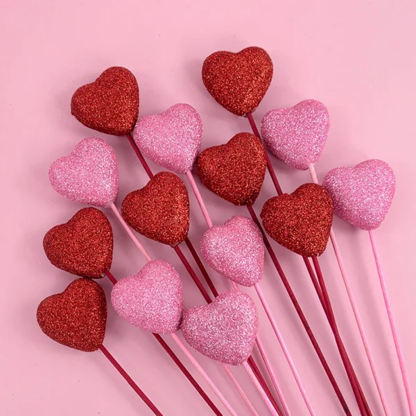 Bâtonnets de cueillette de coeur en mousse scintillante, décoration de vase, décorations de gâteau de fête d'anniversaire, bouquet de fleurs de mariage, cadeau de fête des mères, 10 pièces