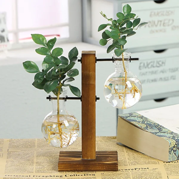 Vase à ampoules de jardinière de bureau en verre créatif, support en bois, conteneur de plantes hydroponiques, décor de table pour la maison, Vases