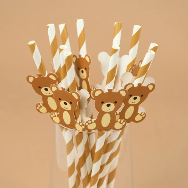 Pailles en papier ours en peluche pour enfants, ours mignon, marron, rose, poulet, paille à boire, anniversaire, fête préChristophe, fournitures de décoration, 20 pièces - Image 3