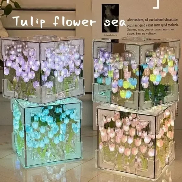 Bricolage tulipe miroir Cube lampe fleur lampe de Table à la main romantique saint valentin lampe tulipes décorations pour la maison cadeau pour petite amie - Image 9