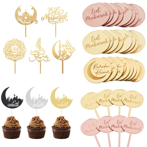 Décoration de gâteau en acrylique doré Eid Mubarak, château, lune, CupCake, pour le Ramadan, fête musulmane islamique, bricolage