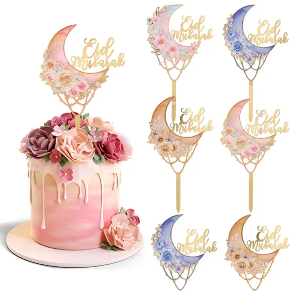 Décoration de gâteau en acrylique Eid Mubarak, fournitures de fête du Ramadan musulman islamique, gâteau de fleur de lune bricolage, outils de cuisson, cadeau Eid Mubarak, 2025