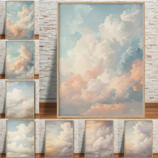 Affiche de nuage Pastel Vintage, beau paysage de ciel, peinture sur toile, Art Mural abstrait pour pépinière, salon, décoration murale de maison