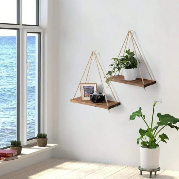 Balançoire en bois suspendue en corde de chanvre, 1 pièce, étagère murale flottante montée pour la maison, salon, plantes, Pot de fleur, plateau de rangement, décoration de jardin - Image 3