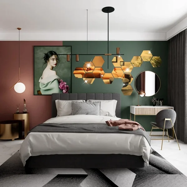 6/12 pièces 3D hexagone miroir autocollant mural or Rose bricolage TV fond salon autocollants décoration murale chambre salle de bain décor à la maison - Image 2