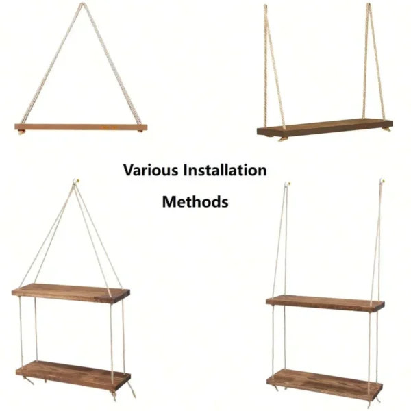 Balançoire en bois suspendue en corde de chanvre, 1 pièce, étagère murale flottante montée pour la maison, salon, plantes, Pot de fleur, plateau de rangement, décoration de jardin - Image 7