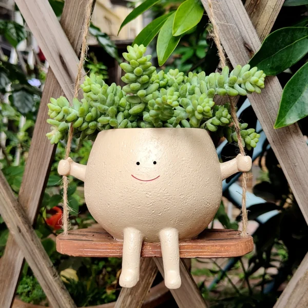 Pot de jardinière suspendu en résine, 1 pièce, support de plantes succulentes rustiques, conception de visage souriant avec Base pivotante, décoration intérieure de jardin extérieur