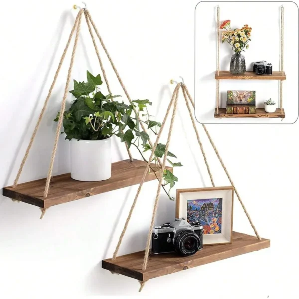 Balançoire en bois suspendue en corde de chanvre, 1 pièce, étagère murale flottante montée pour la maison, salon, plantes, Pot de fleur, plateau de rangement, décoration de jardin
