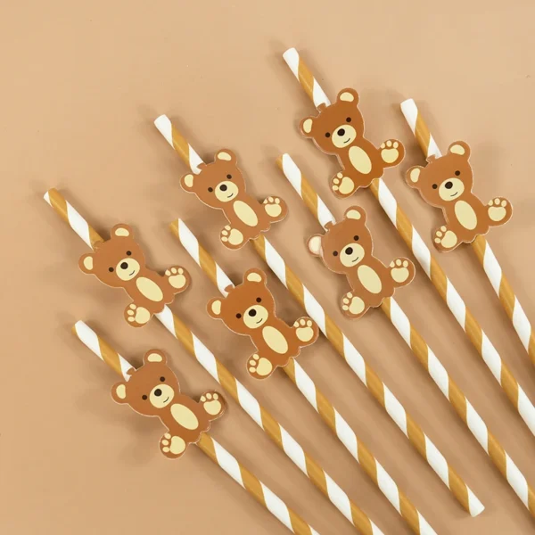 Pailles en papier ours en peluche pour enfants, ours mignon, marron, rose, poulet, paille à boire, anniversaire, fête préChristophe, fournitures de décoration, 20 pièces - Image 2